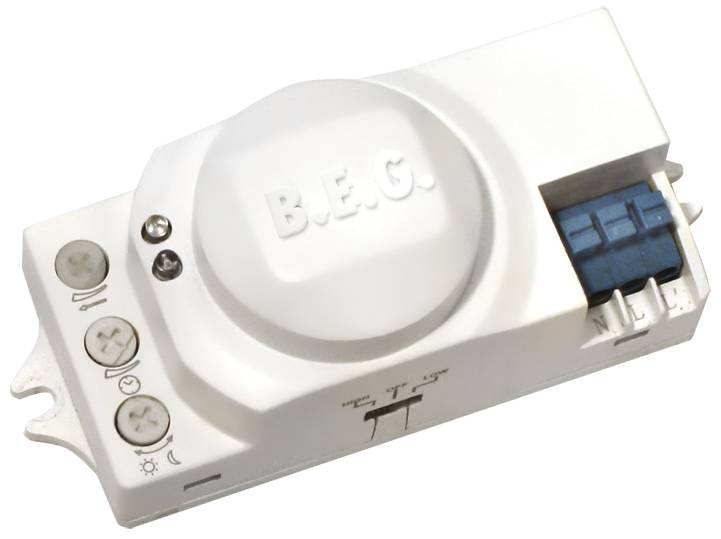 A white motion sensor with the 'B.E.G.' logo. On and off switches are visible on the side.