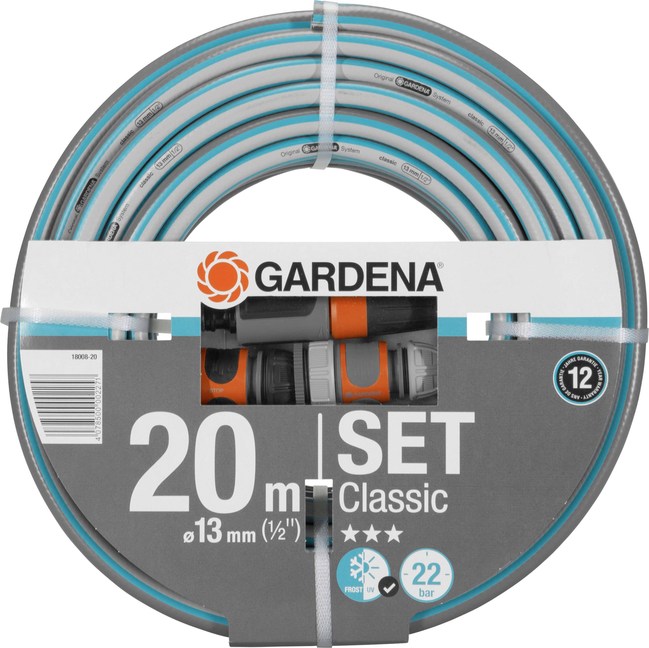 A Gardena hose set package with 20 metres of hose, 13 mm diameter and accessories, max. 22 bar pressure indication and 12-year guarantee.