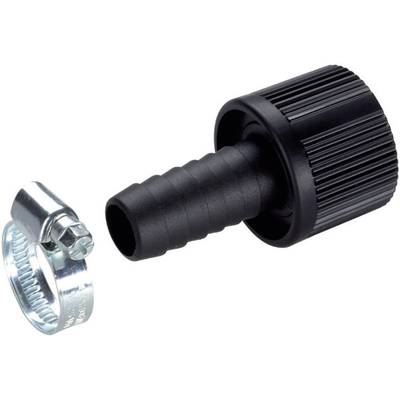 Black plastic hose nozzle with ribbed grip and silver metal hose clamp for attachment to hoses.