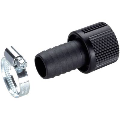Plastic hose connector in black with a ribbed connection and metal clips for attaching to a hose.