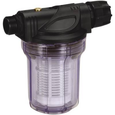 Water filter with a transparent plastic casing and black lid, showing the internal filter element, suitable for household applications.