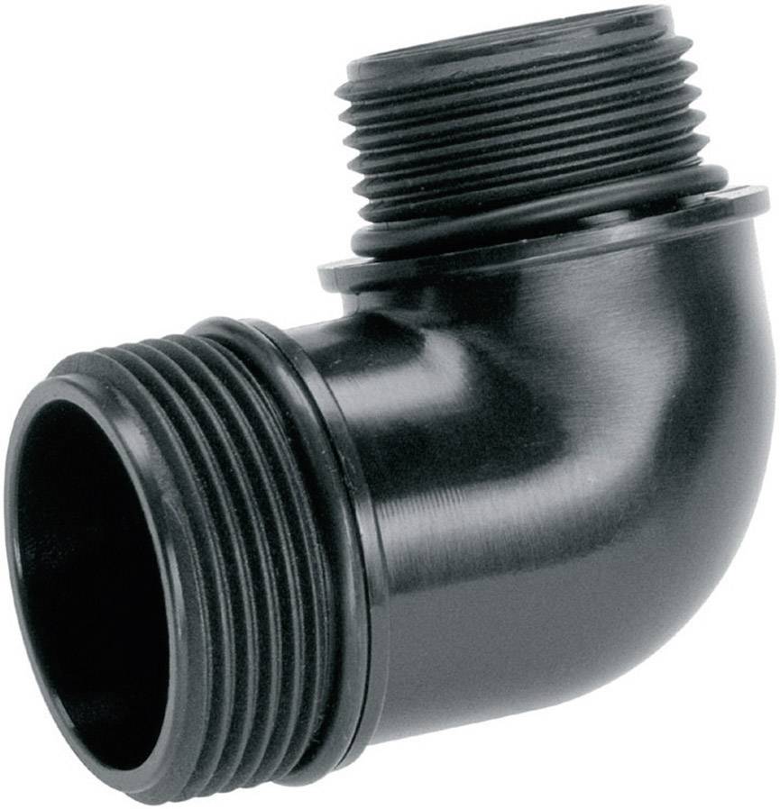 Black plastic angle connector with external thread on both sides, suitable for pipe or hose connections.