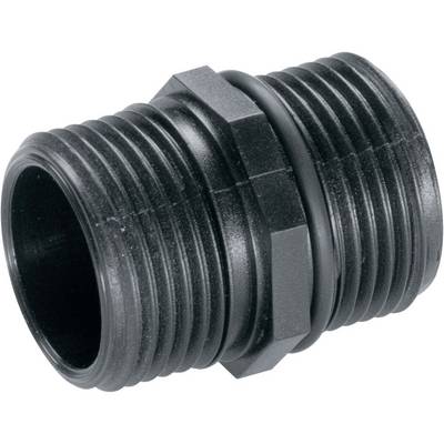 Black plastic double nipple with two external threads and a hexagonal nut in the middle.
