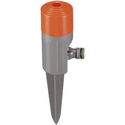 Grey and orange garden sprinkler with a pointed ground spike and water connection on the side.