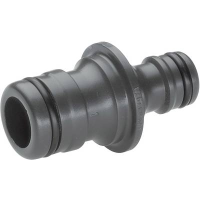 A black plastic hose adaptor with a ribbed connection and a smooth opening on the other side. Designed for quick connections.