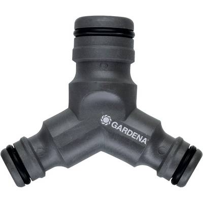 Y-connector from Gardena for connecting three water hoses, suitable for garden systems, black with sealing rings.