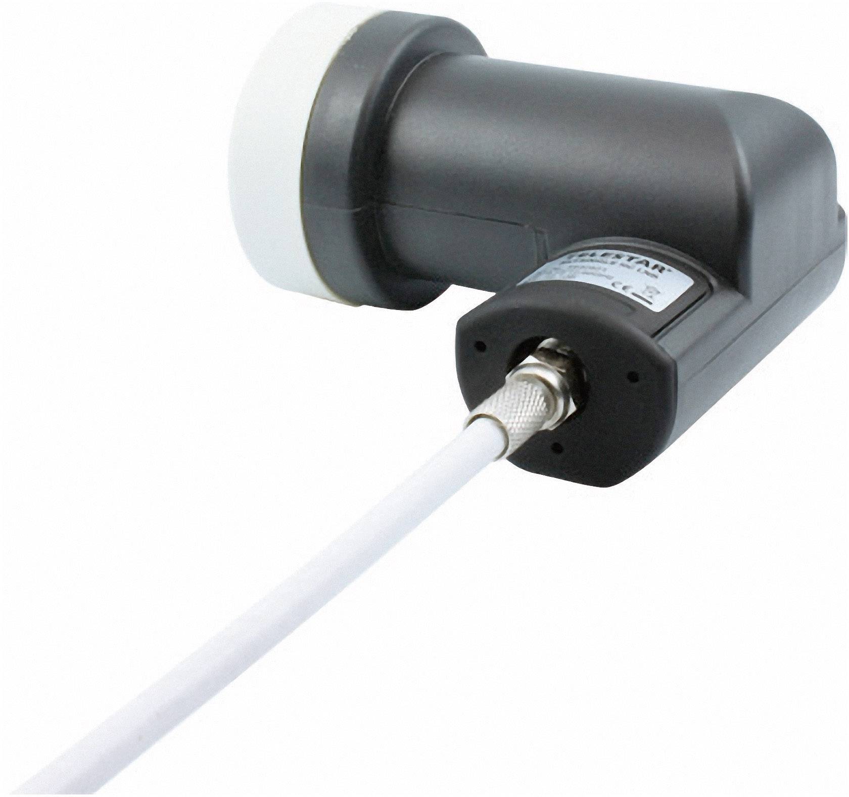 A black satellite LNB with a white head and connected cable.