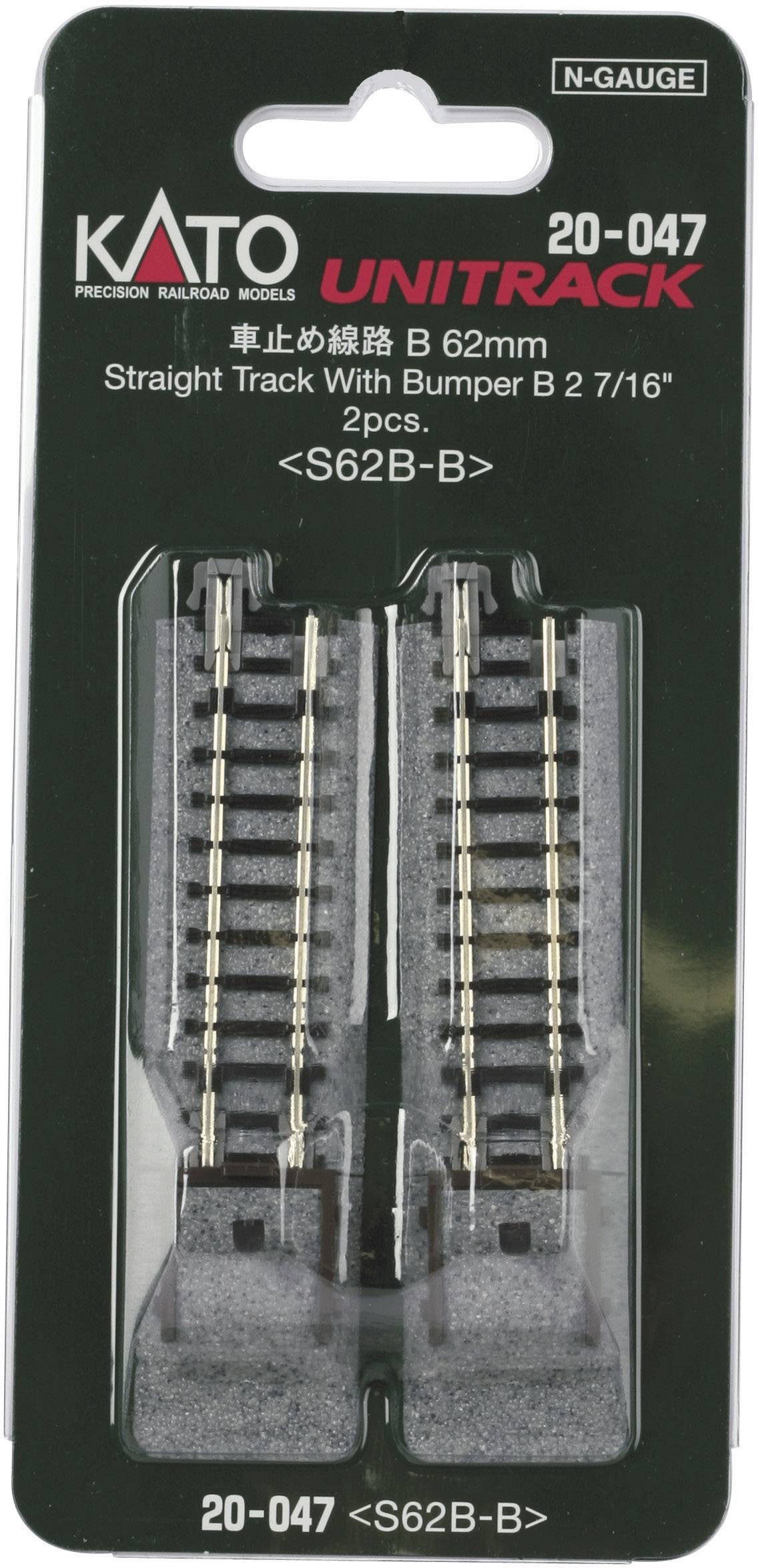 Two pieces of Kato UNITRACK rail model B 62 mm with buffer stop. Packaging with product information and track view.