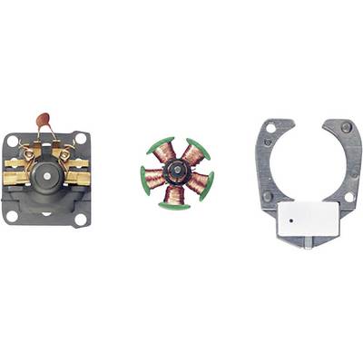 Three motor components: on the left a brush holder, in the middle an armature with copper wire winding, on the right a metal frame for mounting.