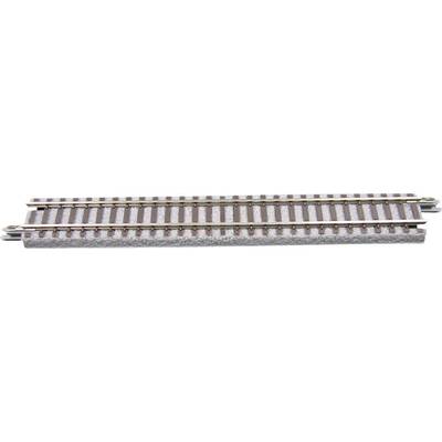 A straight piece of model railway track with silver rails and brown sleepers on a grey ballast base, viewed from above.