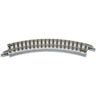 Curved model railway track with ballast bed and two parallel rails. It simulates a winding section of railway line.