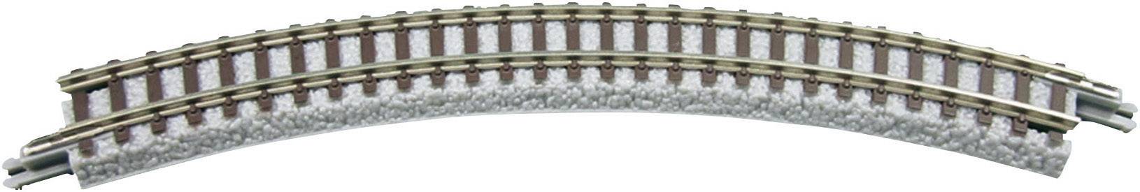 A curved section of a model railway track with two parallel rails and sleepers on a grey ballast bed.