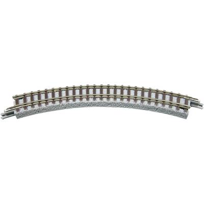 Curved track section of a model railway system, a curved rail element with sleepers and ballast bed, suitable for constructing curves.
