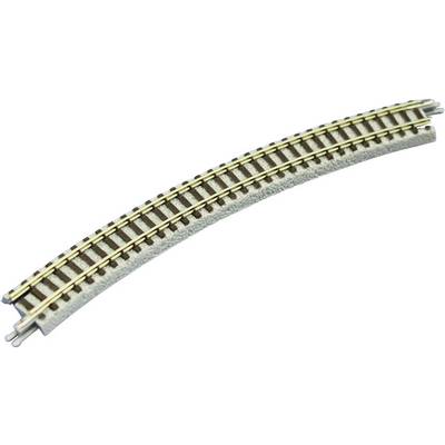 Curved metal model railway track piece with a grey base, used for model railways.