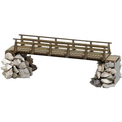 Wooden bridge with railings crosses a pile of stones, rustic design, possibly a model for a railway or architectural project.