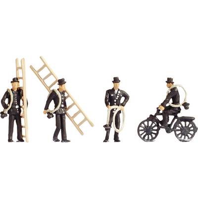 Four miniature chimney sweeps in traditional attire: One is carrying a ladder, another is riding a bicycle.