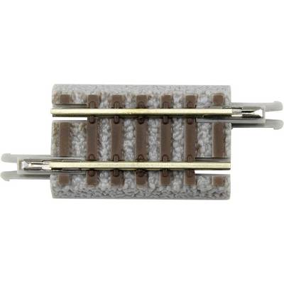 A short piece of model railway track with two metal rails on a grey surface and brown sleepers.
