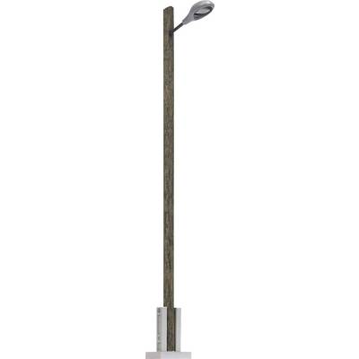 A modern street lamp with a wooden pole and curved lamphead stands on a grey plinth.
