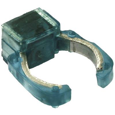A transparent, blue plastic cable clip for holding cables in position, with a semi-circular opening for attachment.