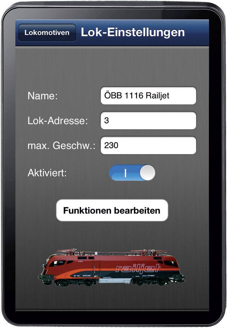 Image of a tablet screen with settings for a locomotive. Details: Name 'ÖBB 1116 Railjet', Address '3', Maximum Speed '230', Activated 'on'. Button 'Edit Functions'. Image of a locomotive below.