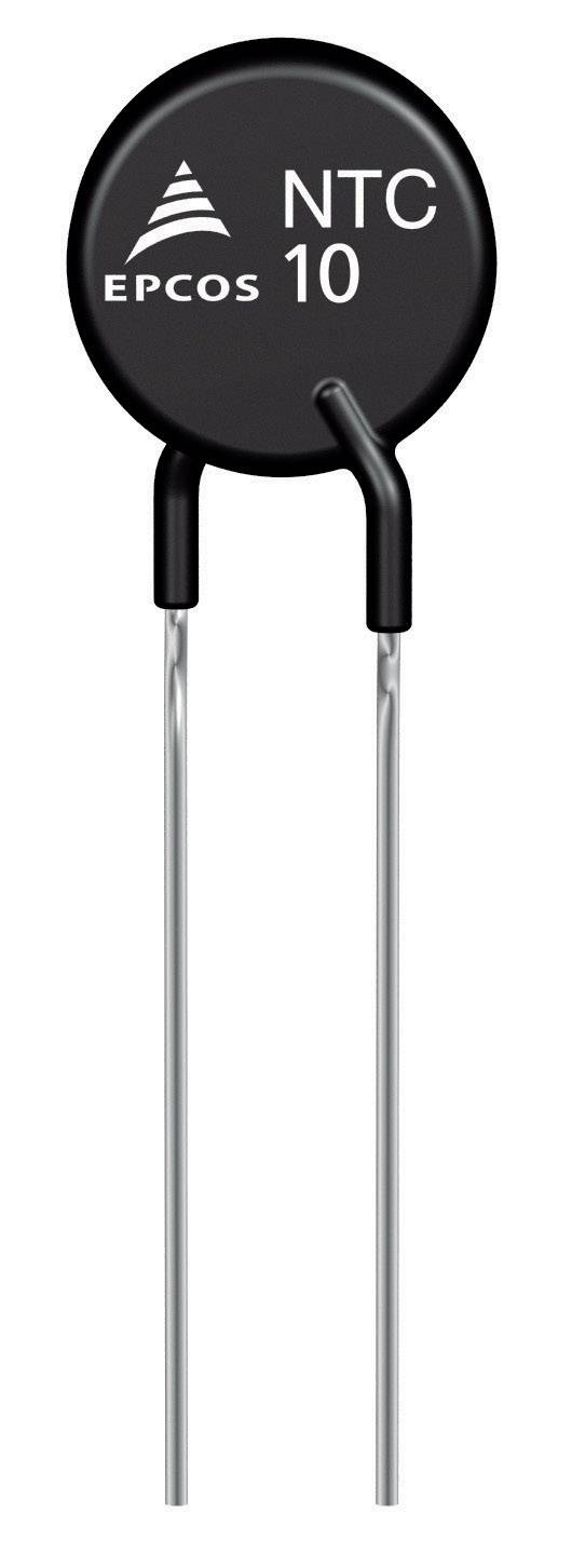 A black NTC resistor from EPCOS, model number 10, with two connecting wires.
