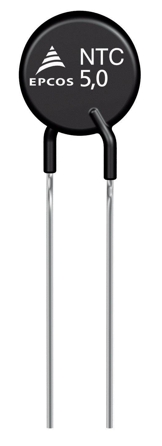 A round, flat, black NTC resistor from EPCOS with 'NTC 5.0' printed on it and two connecting lead wires.