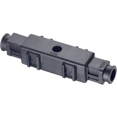 Black plastic electrical fuse holder in a rectangular shape.