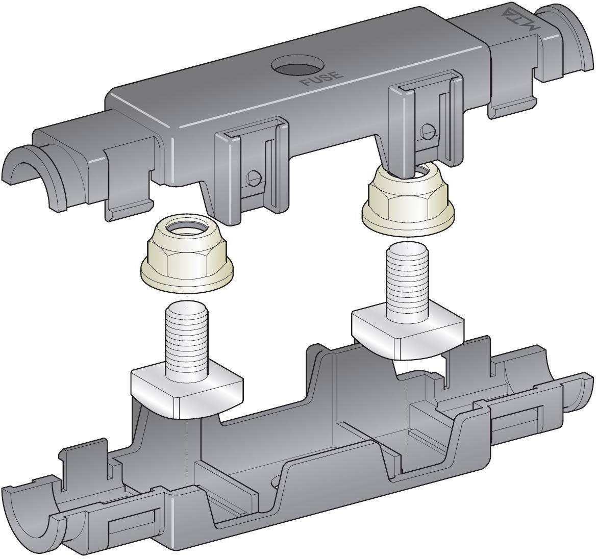 'Exploded view diagram of a fuse holder component. Upper and lower halves shown with screws and nuts for assembly.'