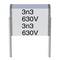 A rectangular, two-legged, electronic capacitor marked '3n3 630V', indicating capacitance and rated voltage.