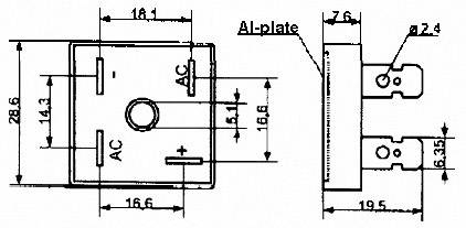 'Electronic component with labels and dimensions in mm: 28.6 x 18.1 x 16.6. Connections mark AC and polarity.'