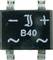 'B40' bridge rectifier diode on a black casing with plus and minus symbols.