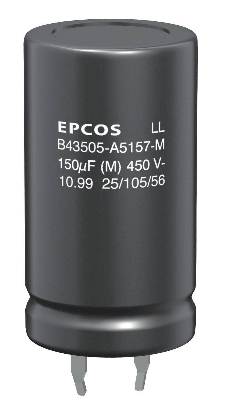 A black cylindrical electrolytic capacitor with silver terminals. Inscription: 'EPCOS LL B43505-A5157-M 150µF (M) 450V'.