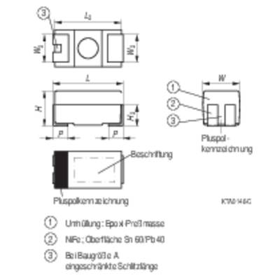 Technical drawing of an electronic component with dimensions and labels indicating the positive pole and material specifications.