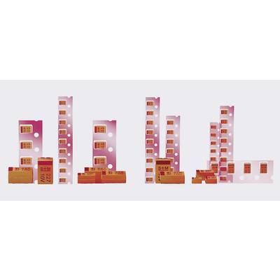Rows of pink and orange plastic objects arranged in a configuration similar to a laboratory or shop.
