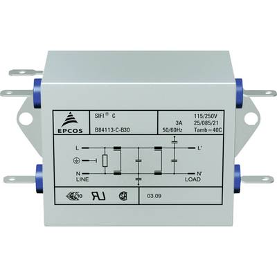 Grey-white Epcos filter with technical specifications: Model B84113-C-B30, 3A, 50/60Hz, 115/250V, temperature range up to 40°C.