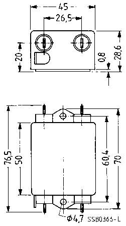 Technical drawing of a rectangular device with dimensions. Top: Width 45mm, various holes. Bottom: Height 70mm, Width 50mm.