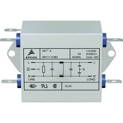 Electronic component with the label 'EPCOS SIFI A'. Technical details: 115/250V, 6A, 50/60Hz. Filter schematic depicted.