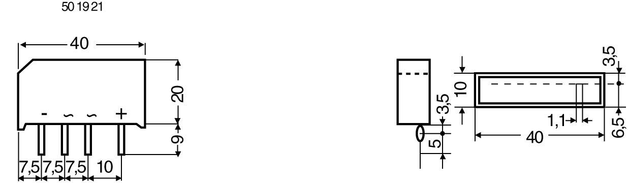 Circuit diagram for an electrical component with dimensions: Length 40 mm, Height 20 mm. Four pins at the bottom, with positive and negative connections marked.