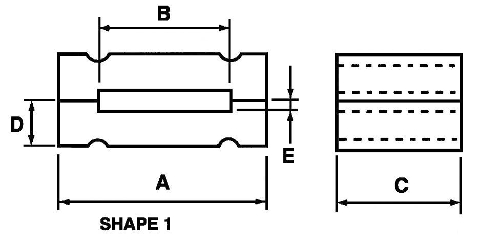 Technical drawing of a rectangular object, labelled as 'SHAPE 1'. Labels A, B, C, D and E indicate dimensions.