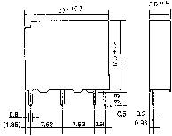 'Circuit diagram of the electronic component with dimensions and connection pins. Left shows the front view, right shows the side view.'