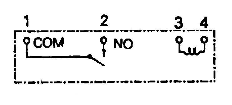'Electrical Circuit Diagram: Shows connections 1 (COM), 2 (NO), 3 and 4. Connection from 1 (COM) to 2 (NO) represented by a line.'