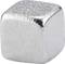 A gleaming, silver metallic cube with slightly rounded edges against a neutral background.