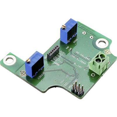 A green electronic circuit board with various blue and green connectors and metal screws used for connections.