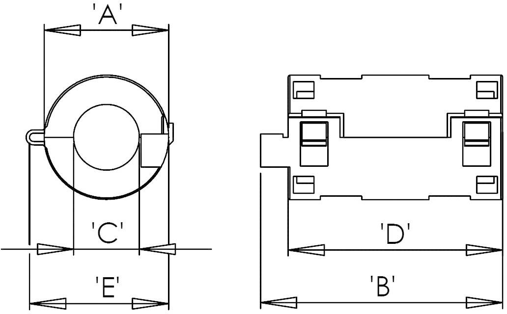 Technical drawing of a component with dimensions 'A', 'B', 'C', 'D' and 'E'. Top view and front view shown.