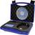 A blue plastic case contains a measuring device, a cable, and a CD for air analysis. The case is lined with black foam.