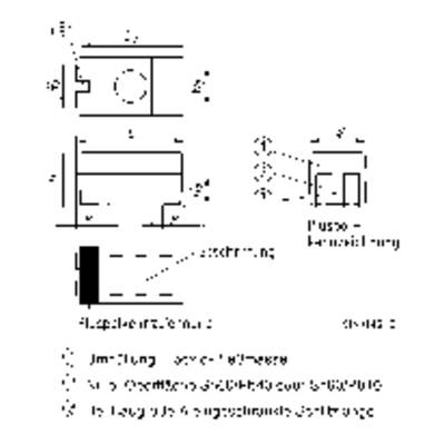 Technical drawing of a rectangular component with multiple views and dimensions. Shows cross-sectional views and detailed dimensional annotations.