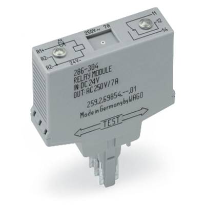 A grey relay module with the inscription 'Relay Module, IN: DC 24V, OUT: AC 250V/7A, Made in Germany by WAGO' and a test button.