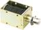 An electric push solenoid with a metallic square housing and visible cylinder, suitable for mechanical applications.