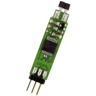 A green electronic module with multiple chips and components, including resistors and capacitors, mounted on a rectangular printed circuit board.