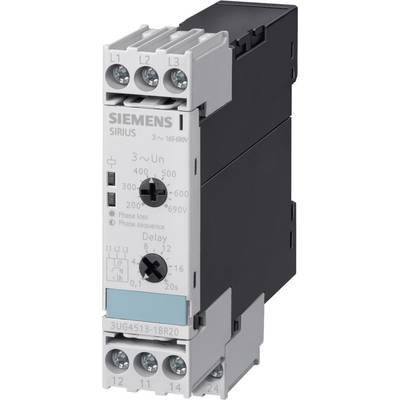 The image depicts an electrical monitoring relay by Siemens. It features rotary knobs for adjusting phase sequence and delay.